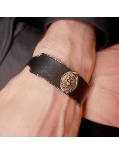 Bracelet Manchette base laiton et plaqué rhodium noir avec empiècement cuir noir