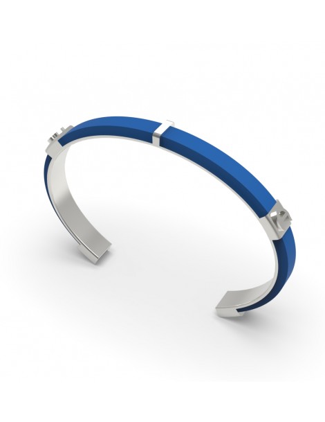 Bracelet Jonc Argent 925 et Lanière Cuir bleu